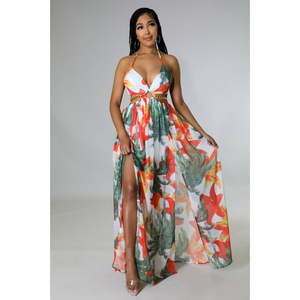 Orange and Green Maxi Dress with Flowing Skirt and V-Neckline